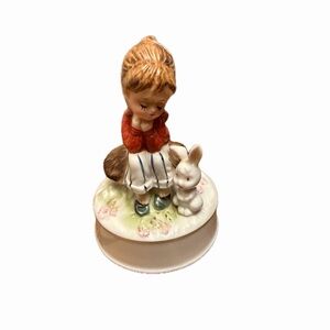 Vintage Music Box Little Girl Sitting Mushroom Bunny Rabbit "Somewhere My Love"
